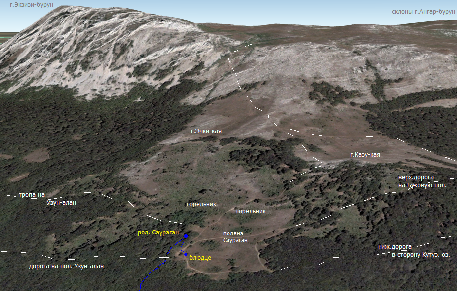 объекты южного склона Чатырдага на фрагменте карты Google Earth