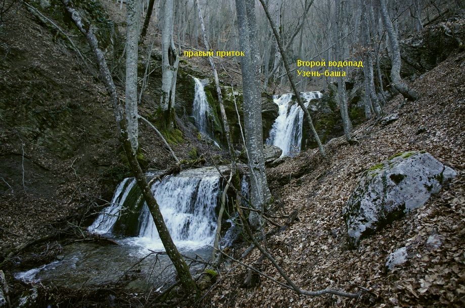вид снизу на Второй водопад (водопад Головкинского) и его приток