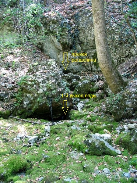 внешний вид на правую расщелину и место выхода воды из-под большого камня 