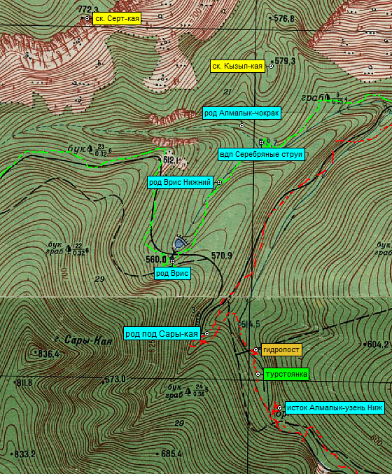 зелёный трек - маршрут из путеводителя; красный - маршрут в долину Алмалыка