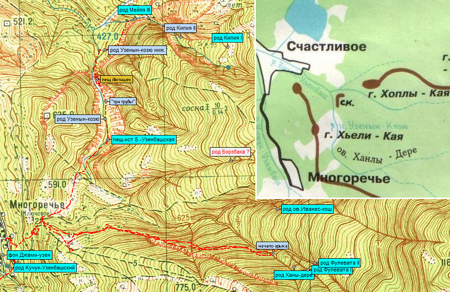 маршрут через ущелье Ная и точки родников на карте ГШ
