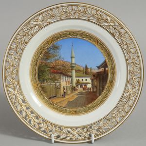 Тарелка декоративная, с ажурным бортом, с видом улицы в Коккозе с мечетью Коккоз Джами