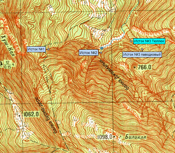 схема истоков в верховьях Кучук-узенбаша на карте и на Google Earth