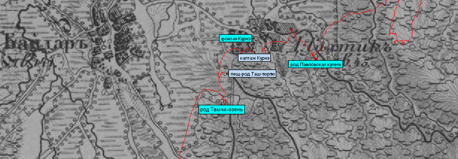 точки и  трек добавлены на карту-верстовку ВТД печати 1855 года на основе топосъемки Полковника Бетева 1836-38 гг.