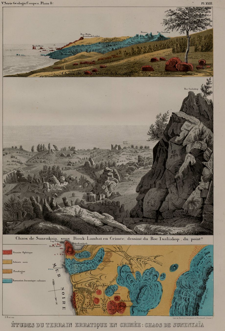 рисунки и карта из Атласа Дюбуа де Монпере: Etudes du terrain en Crimee: Chaos de Sunenkaia / Atlas V. Serie Geologie / pl. XXIII
