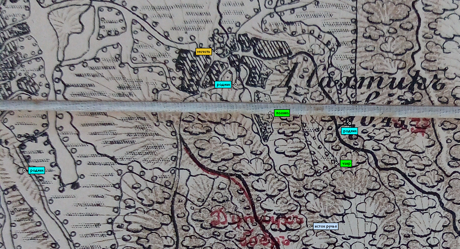 фрагмент карты-верстовки Полковника Бетева издания 1855 г.; добавлены надписи обозначенных объектов