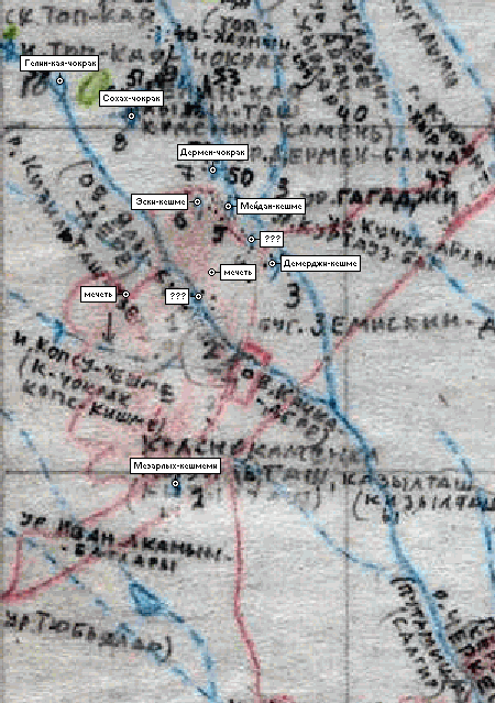 фрагмент карты Игоря Белянского с его номерными отметками родников и фонтанов Кизилташа