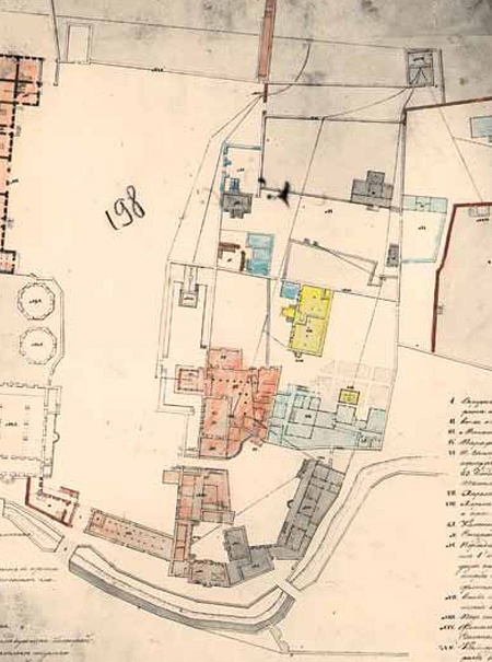 фрагмент плана Колодина 1820 г.; 1 этаж территории Ханского дворца с указанием линий водопровода