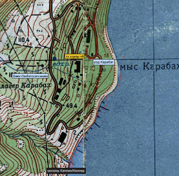 единственная карта с обозначение родника на мысе Карабах и захоронения Кеппенов и Келлеров