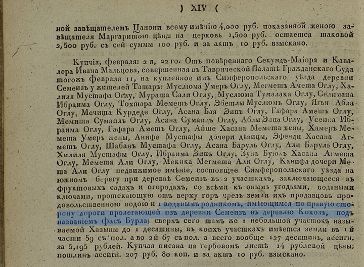 объявление 1830 г. в СПБ Сенатских объявлениях о покупке Мальцовым земель у татар включая родник Фас Бурла
