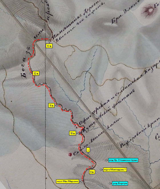 положение вёрст дороги 1824-26 гг. на не очень точной карте Бетева